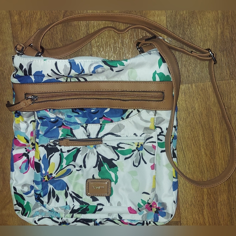 Rosetti Floral Crossbody Bag with Tan Trim